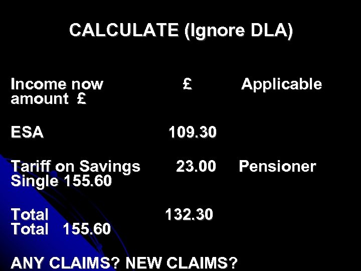 CALCULATE (Ignore DLA) Income now amount £ ESA Tariff on Savings Single 155. 60