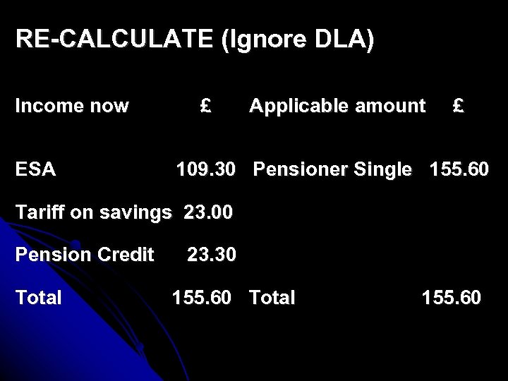 RE-CALCULATE (Ignore DLA) Income now ESA £ Applicable amount £ 109. 30 Pensioner Single