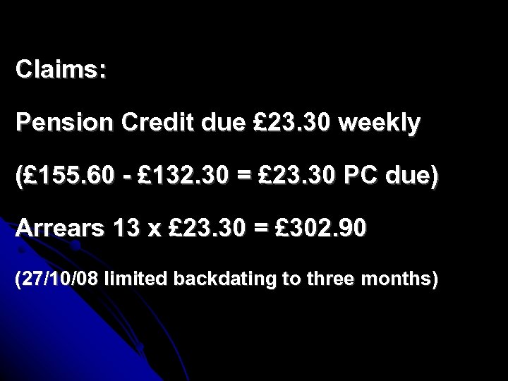 Claims: Pension Credit due £ 23. 30 weekly (£ 155. 60 - £ 132.