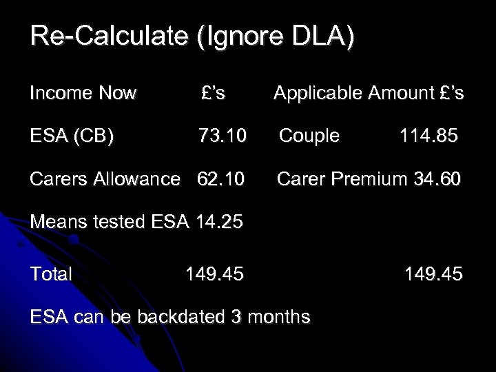 Re-Calculate (Ignore DLA) Income Now £’s Applicable Amount £’s ESA (CB) 73. 10 Couple