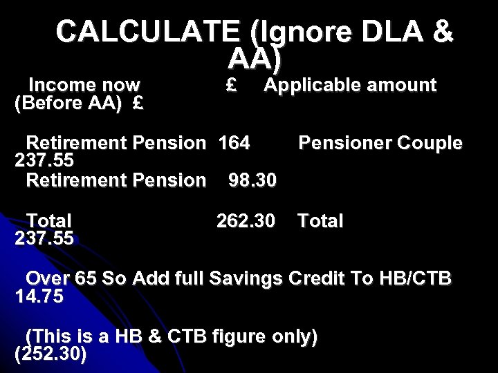 CALCULATE (Ignore DLA & AA) Income now (Before AA) £ £ Applicable amount Retirement