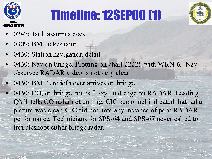 TOTAL PROFESSIONALISM • • Timeline: 12 SEP 00 (1) 0247: 1 st lt assumes