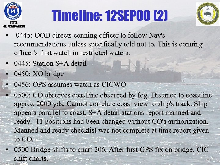 TOTAL PROFESSIONALISM Timeline: 12 SEP 00 (2) • 0445: OOD directs conning officer to