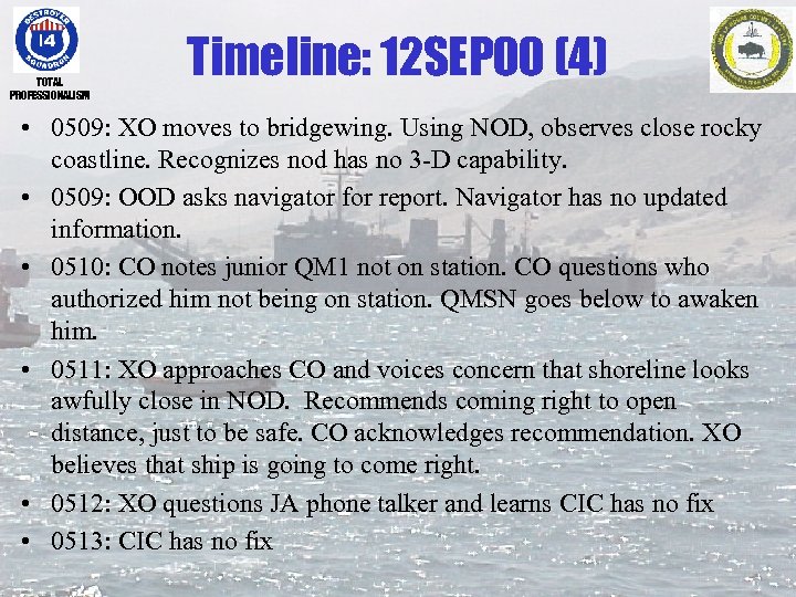 TOTAL PROFESSIONALISM Timeline: 12 SEP 00 (4) • 0509: XO moves to bridgewing. Using