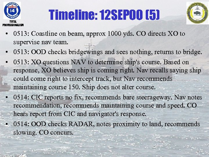 TOTAL PROFESSIONALISM Timeline: 12 SEP 00 (5) • 0513: Coastline on beam, approx 1000