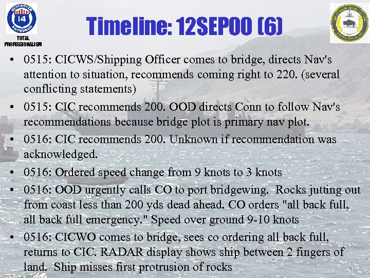 TOTAL PROFESSIONALISM Timeline: 12 SEP 00 (6) • 0515: CICWS/Shipping Officer comes to bridge,