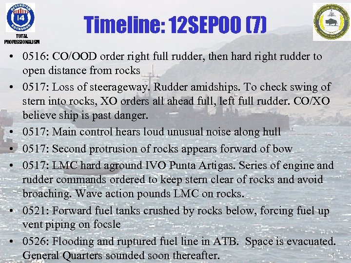 TOTAL PROFESSIONALISM Timeline: 12 SEP 00 (7) • 0516: CO/OOD order right full rudder,