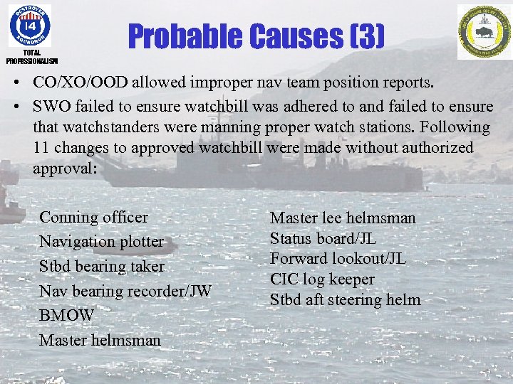 TOTAL PROFESSIONALISM Probable Causes (3) • CO/XO/OOD allowed improper nav team position reports. •