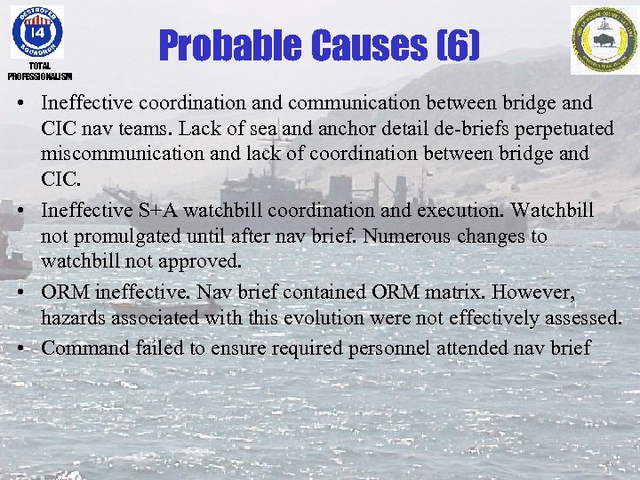 TOTAL PROFESSIONALISM Probable Causes (6) • Ineffective coordination and communication between bridge and CIC