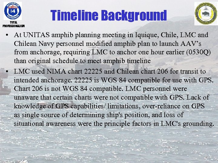 TOTAL PROFESSIONALISM Timeline Background • At UNITAS amphib planning meeting in Iquique, Chile, LMC