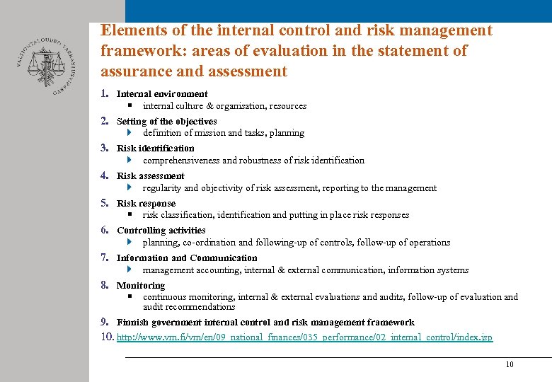 Elements of the internal control and risk management framework: areas of evaluation in the