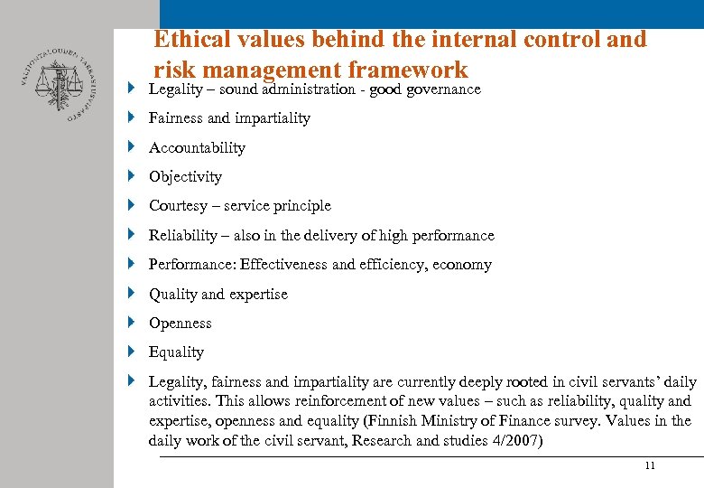 Ethical values behind the internal control and risk management framework Legality – sound administration