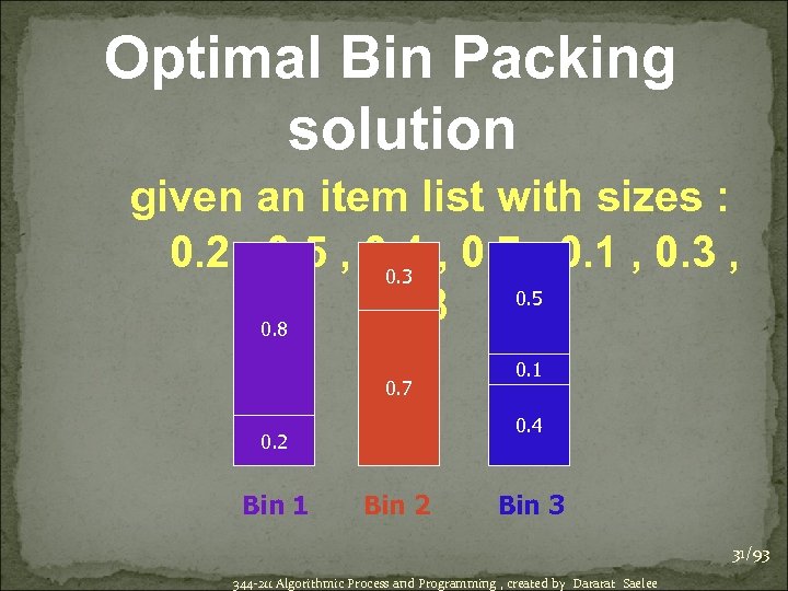 Optimal Bin Packing solution given an item list with sizes : 0. 2 ,
