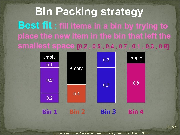 Bin Packing strategy Best fit : fill items in a bin by trying to