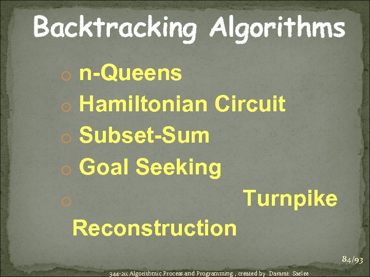 Backtracking Algorithms o n-Queens o Hamiltonian Circuit o Subset-Sum o Goal Seeking Turnpike o