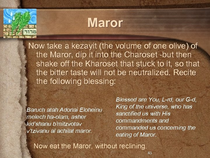 Maror Now take a kezayit (the volume of one olive) of the Maror, dip