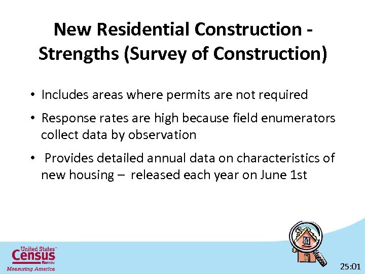New Residential Construction Strengths (Survey of Construction) • Includes areas where permits are not