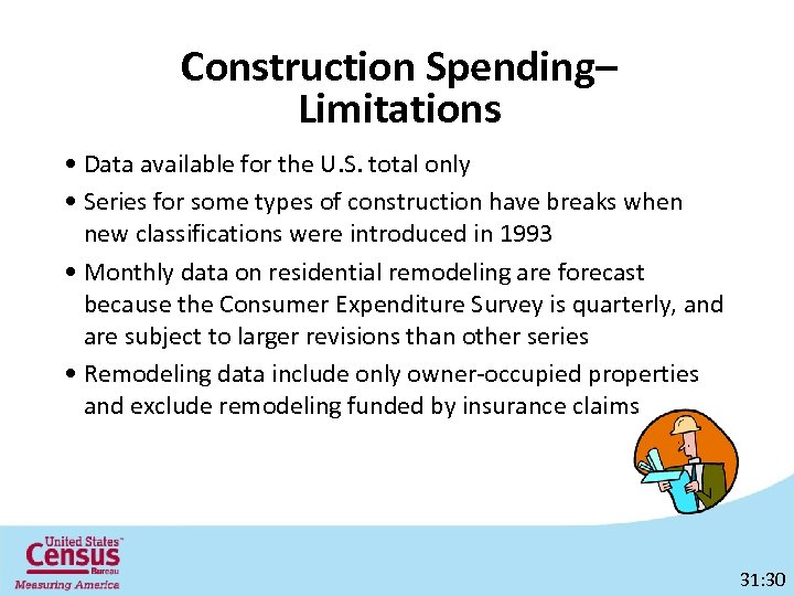 Construction Spending– Limitations • Data available for the U. S. total only • Series