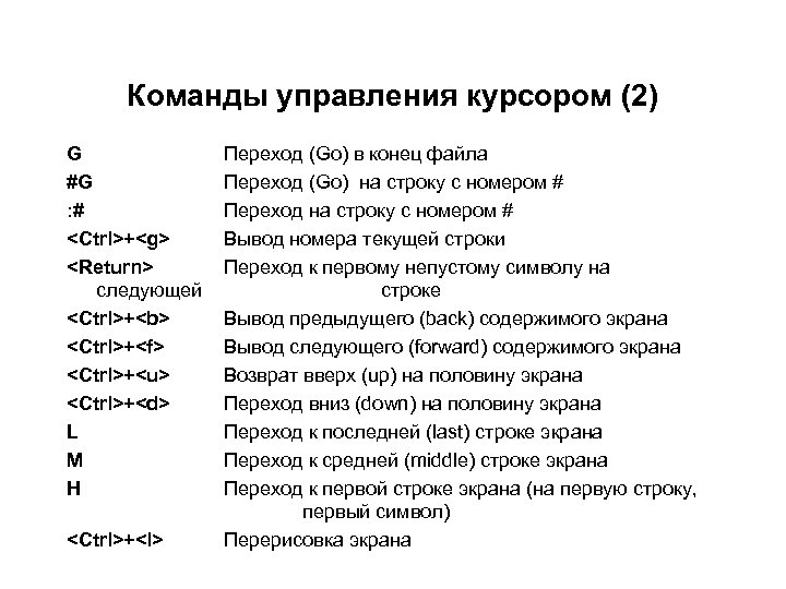 Команды управления курсором (2) G #G : # <Ctrl>+<g> <Return> следующей <Ctrl>+<b> <Ctrl>+<f> <Ctrl>+<u>