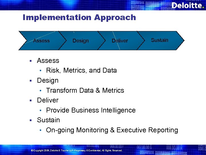 Implementation Approach Assess Design Deliver Sustain Assess • Risk, Metrics, and Data § Design