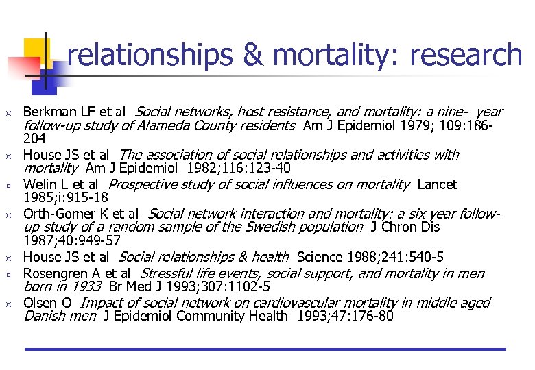 relationships & mortality: research ³ ³ ³ ³ Berkman LF et al Social networks,