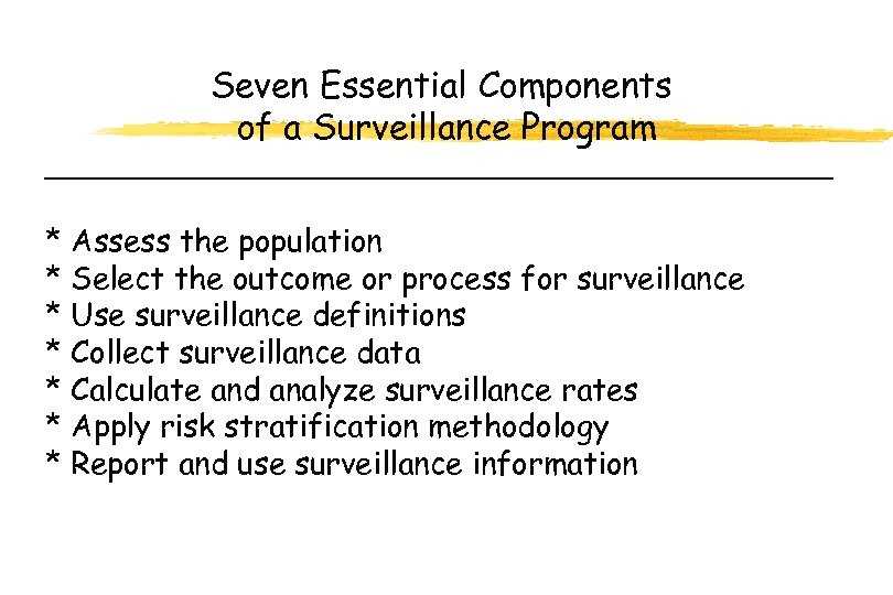 Seven Essential Components of a Surveillance Program * Assess the population * Select the