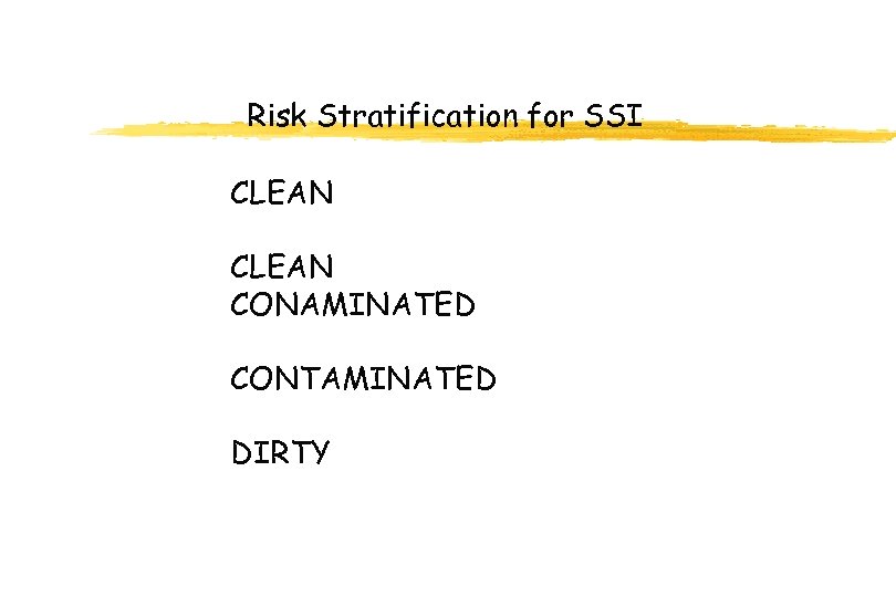 Risk Stratification for SSI CLEAN CONAMINATED CONTAMINATED DIRTY 