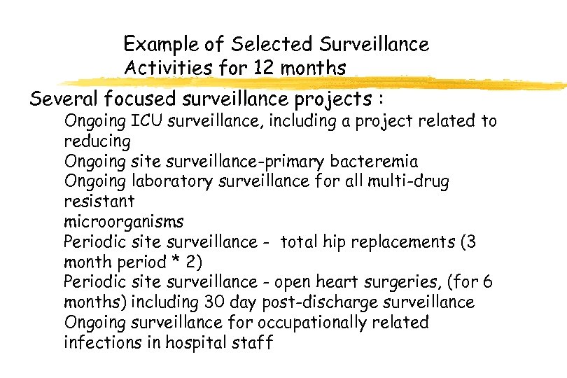 Example of Selected Surveillance Activities for 12 months Several focused surveillance projects : Ongoing