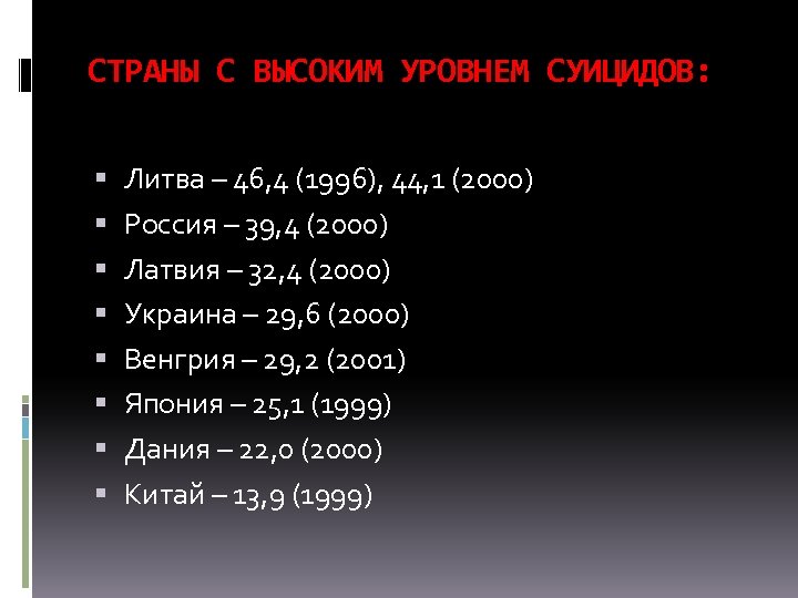 СТРАНЫ С ВЫСОКИМ УРОВНЕМ СУИЦИДОВ: Литва – 46, 4 (1996), 44, 1 (2000) Россия