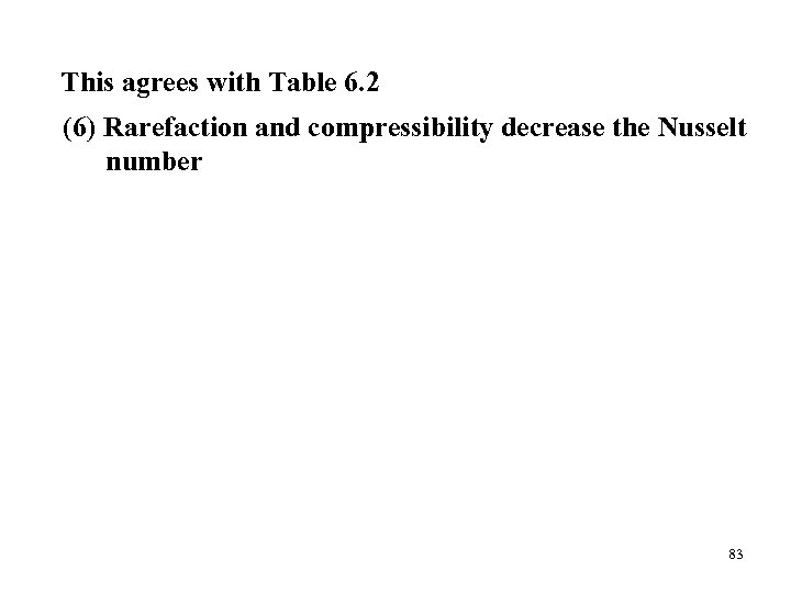 This agrees with Table 6. 2 (6) Rarefaction and compressibility decrease the Nusselt number