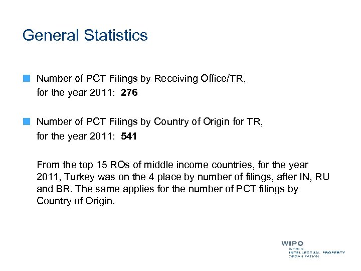 General Statistics Number of PCT Filings by Receiving Office/TR, for the year 2011: 276