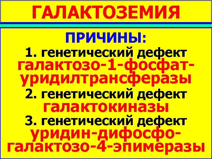 ГАЛАКТОЗЕМИЯ ПРИЧИНЫ: НАРУШЕНИЯ 1. генетический дефект КЛЕТОЧНОГО галактозо-1 -фосфатуридилтрансферазы МЕТАБОЛИЗМА 2. генетический дефект МОНОСАХАРИДОВ