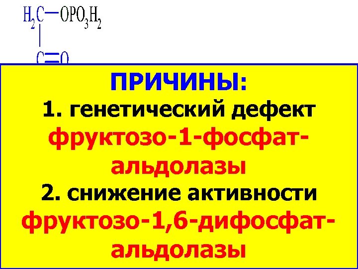 ФРУКТОЗО-1 ФРУКТОЗЕМИЯ ФОСФАТ ПРИЧИНЫ: ФРУКТОЗО-11. генетический дефект ФОСФАТ– фруктозо-1 -фосфат. АЛЬДОЛАЗА альдолазы ДИГИДРОКСИ 2.