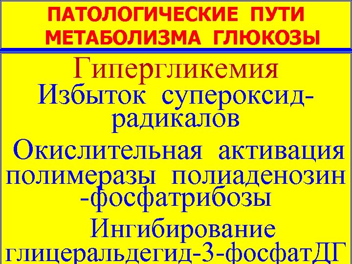 ПАТОЛОГИЧЕСКИЕ ПУТИ МЕТАБОЛИЗМА ГЛЮКОЗЫ Гипергликемия Избыток супероксидрадикалов Окислительная активация полимеразы полиаденозин -фосфатрибозы Ингибирование глицеральдегид-3