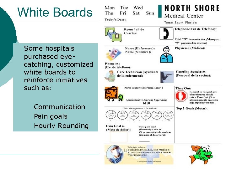 White Boards q Some hospitals purchased eyecatching, customized white boards to reinforce initiatives such