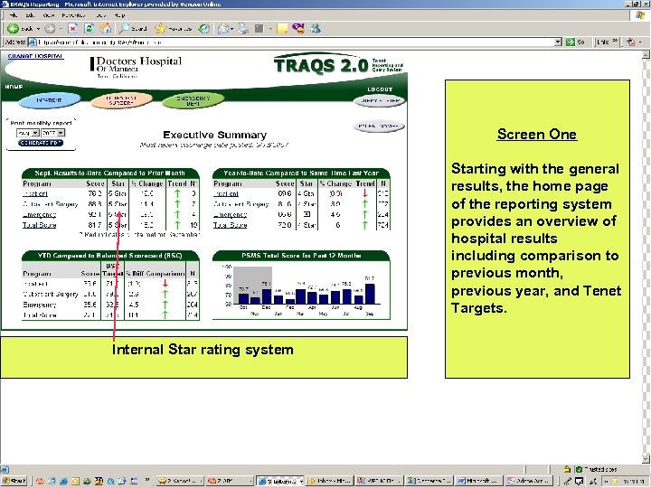 Screen One Starting with the general results, the home page of the reporting system