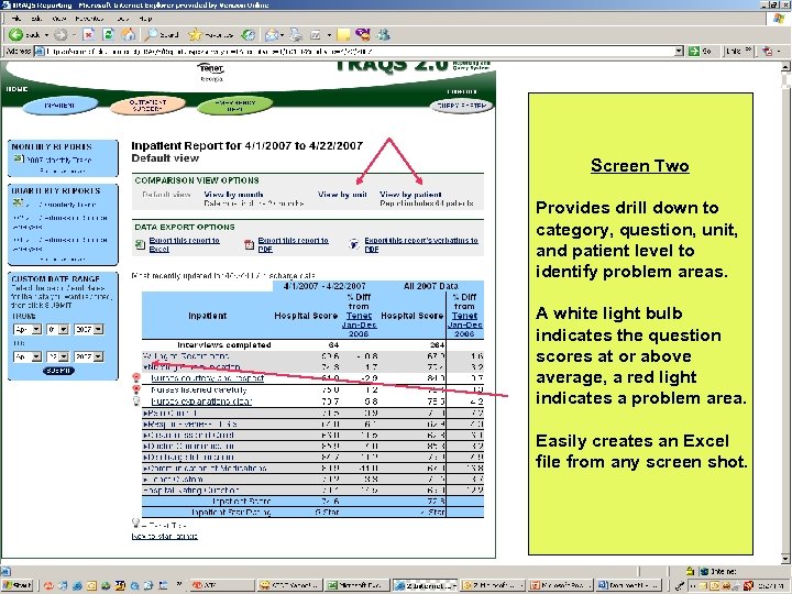 Screen Two Provides drill down to category, question, unit, and patient level to identify