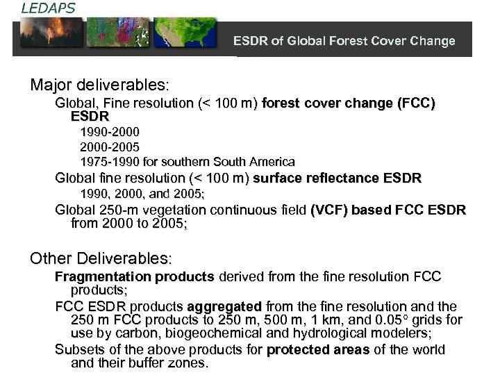 ESDR of Global Forest Cover Change Major deliverables: Global, Fine resolution (< 100 m)