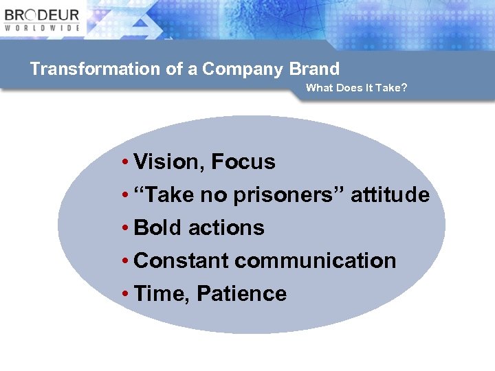 Transformation of a Company Brand What Does It Take? • Vision, Focus • “Take