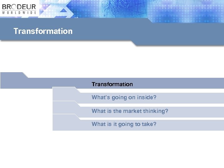 Transformation What’s going on inside? What is the market thinking? What is it going