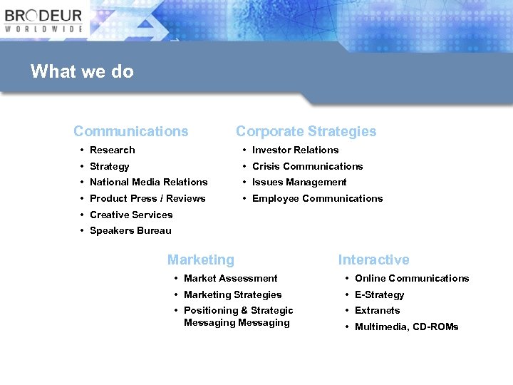 What we do Communications Corporate Strategies • Research • Investor Relations • Strategy •