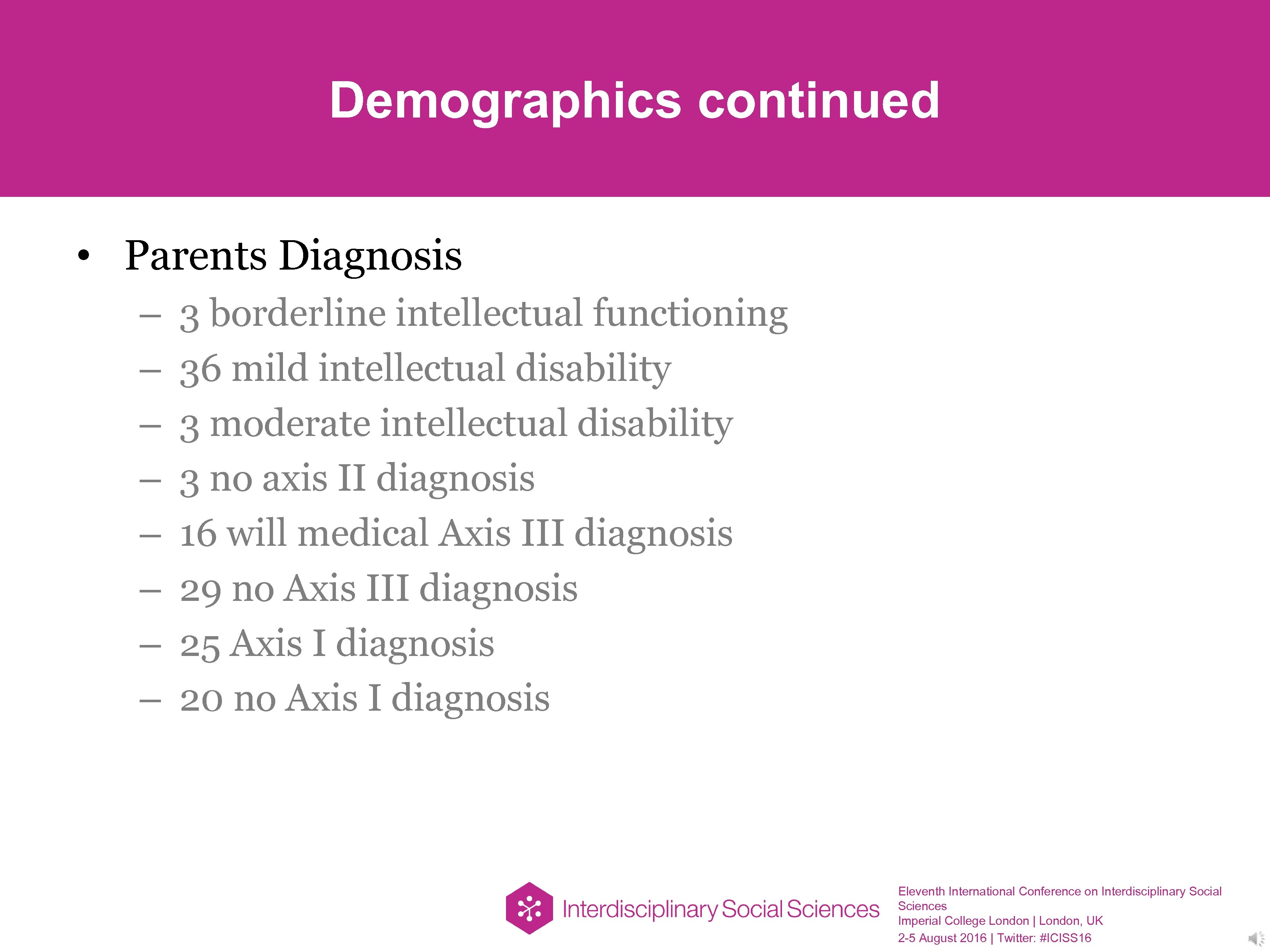 Demographics continued • Parents Diagnosis – – – – 3 borderline intellectual functioning 36