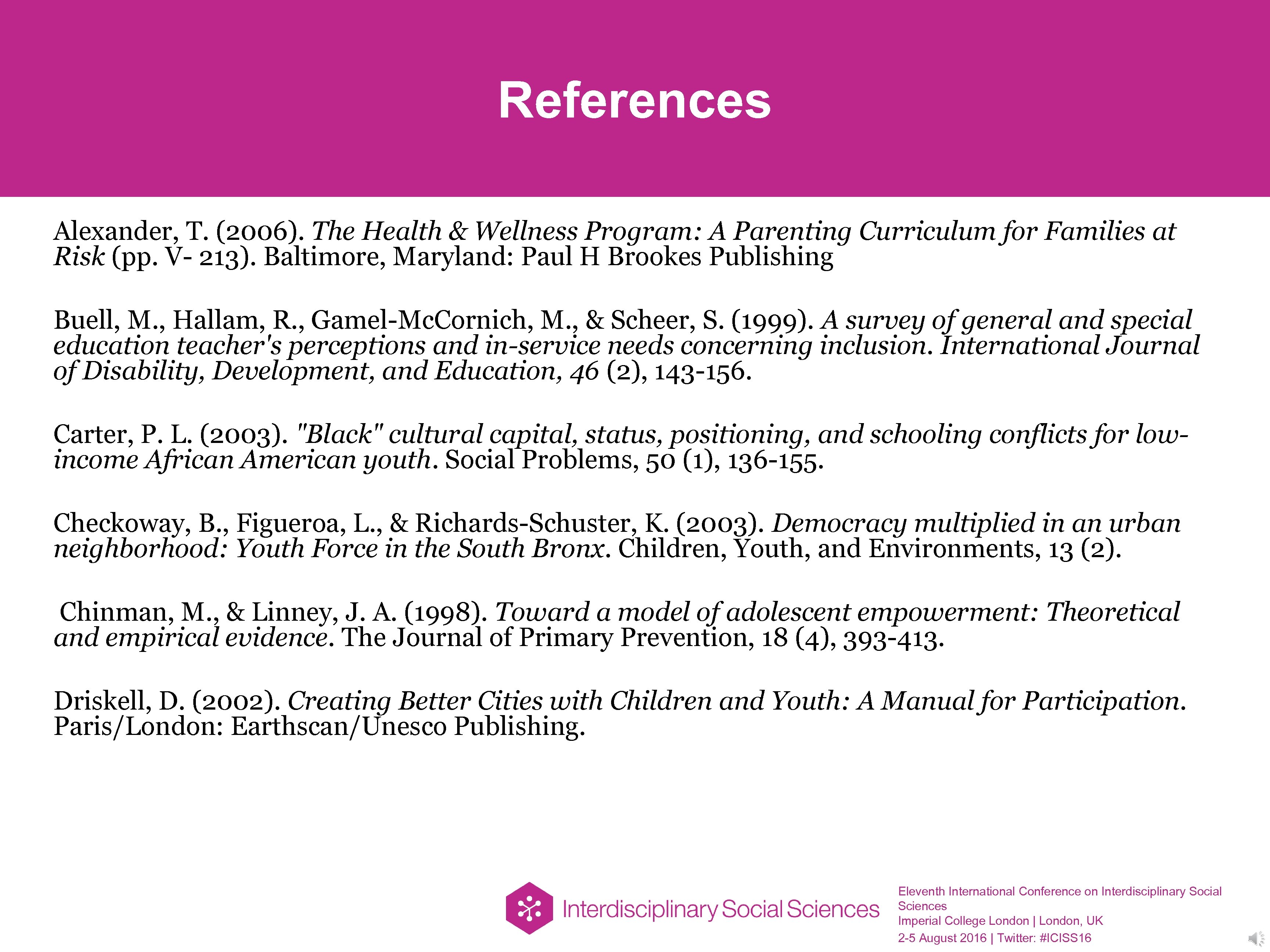 References Alexander, T. (2006). The Health & Wellness Program: A Parenting Curriculum for Families