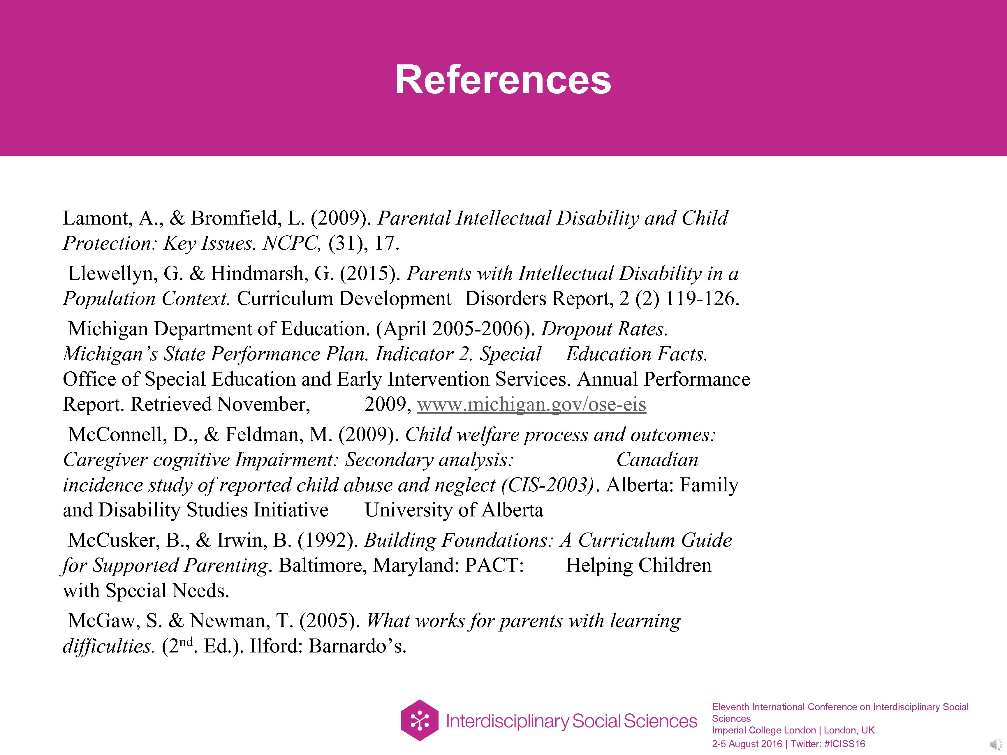 References Lamont, A. , & Bromfield, L. (2009). Parental Intellectual Disability and Child Protection: