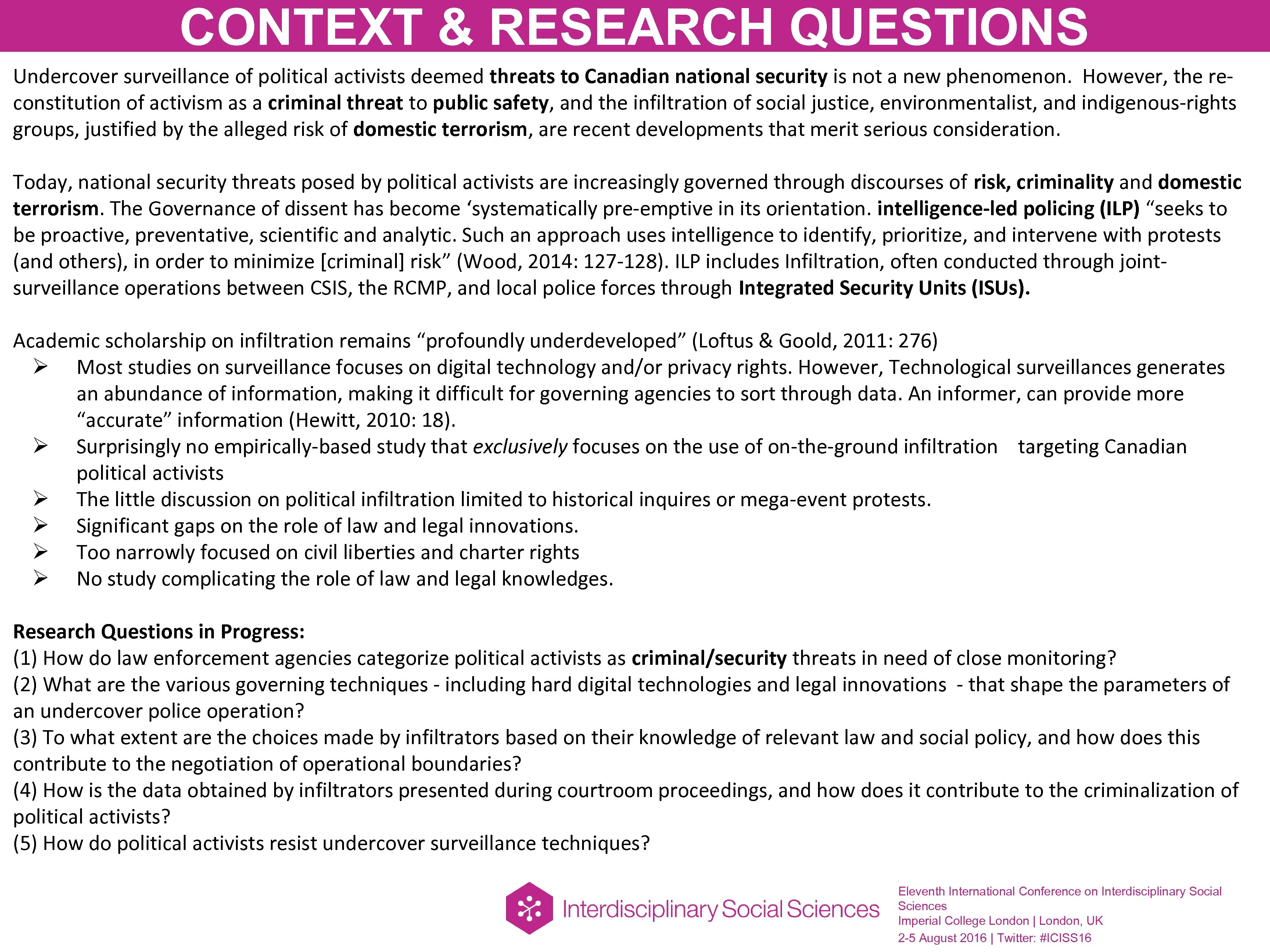 CONTEXT & RESEARCH QUESTIONS Undercover surveillance of political activists deemed threats to Canadian national