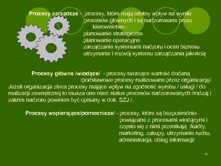 Procesy zarządcze - procesy, które mają istotny wpływ na wyniki procesów głównych i są