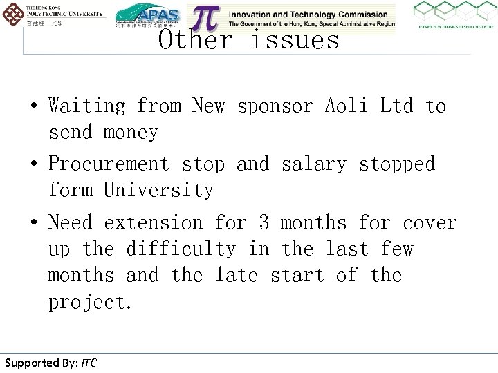 Other issues • Waiting from New sponsor Aoli Ltd to send money • Procurement