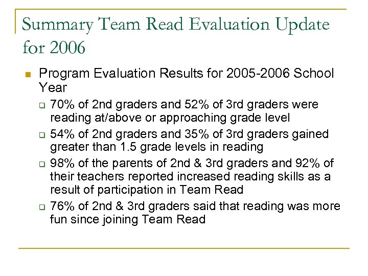 Summary Team Read Evaluation Update for 2006 n Program Evaluation Results for 2005 -2006