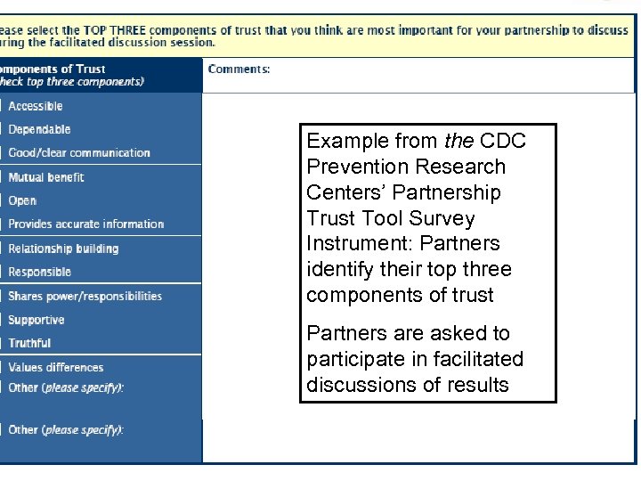 Example from the CDC Prevention Research Centers’ Partnership Trust Tool Survey Instrument: Partners identify