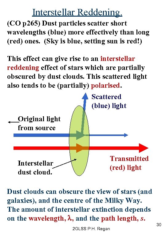 Interstellar Reddening. (CO p 265) Dust particles scatter short wavelengths (blue) more effectively than